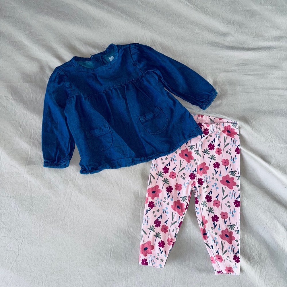 Carter’s Floral Leggings + Denim Top Matching Set Size 9 Month 9m Baby Girl